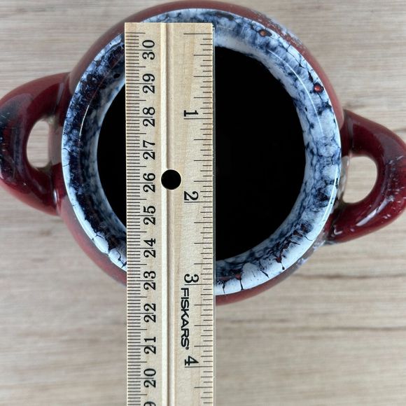 Studio Art Pottery Vase Two Handles Red Navy White Drip Glaze Splatter Squiggly - Picture 10 of 14